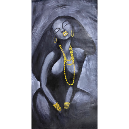 A monochrome portrait of a lady with hints of gold